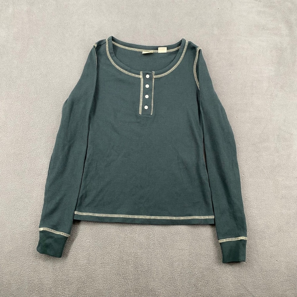 Levis Womens XS Green Waffle Knit Henley Long Sleeve Thermal Top Contrast Stitch